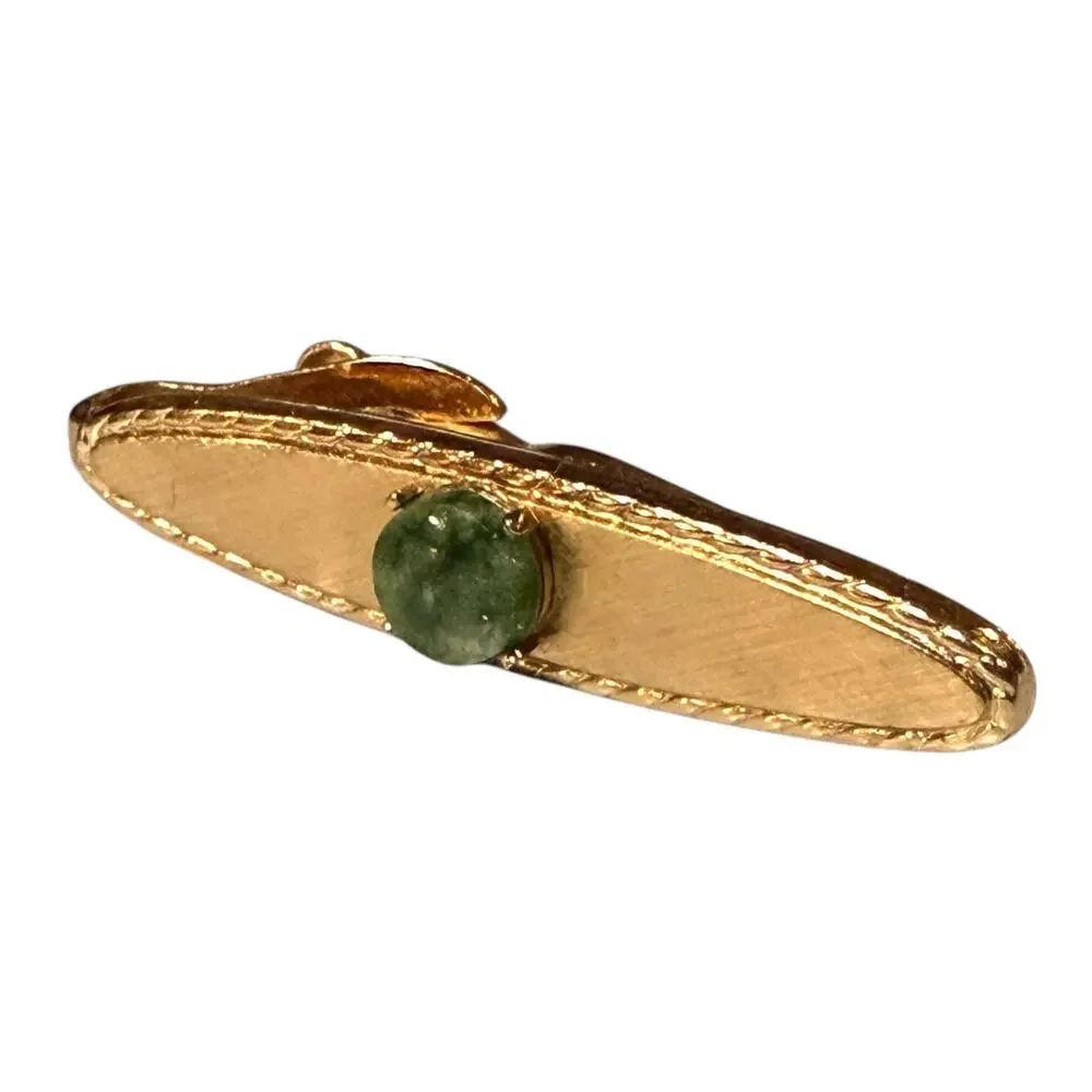 Vintage Swank Tie Clip Mens Gold Tone Crosshatched Coin Edge Green Glass Jewel